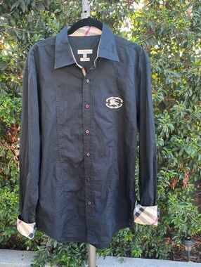 Burberry London Vintage Black Shirt XL Slim Fit Check Cuffs Made in Britain